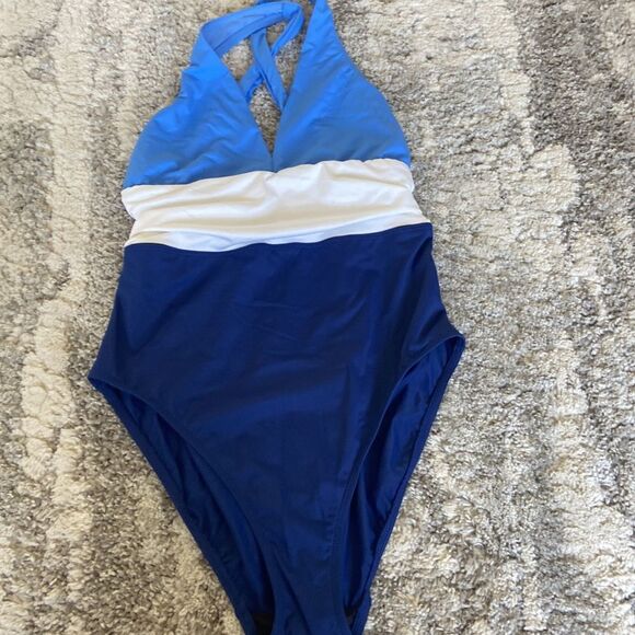 Lauren Ralph Lauren BLUE Color-Block Twist Back Halter One-Piece Swimsuit US 10 - Picture 8 of 11